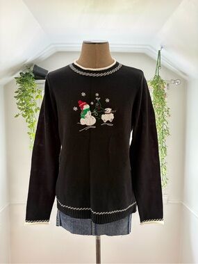 Black Festive Snowman Crewneck Sweater with Contrast Trim